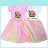 Cocomelon Kids Girl Princess Dress With Short Sleeve Cartoon Anime Print And Breathable Mesh Fabric