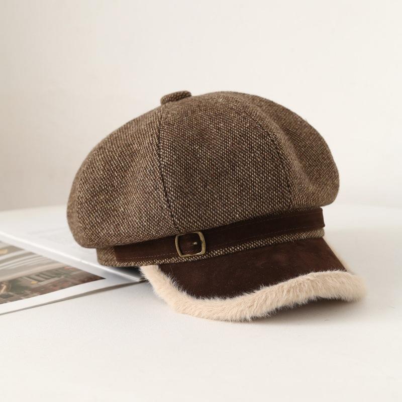 Octagon Hat Female Beret Autumn and Winter Style Fleece Warm Newsboy Hat Painter's Hat New Style