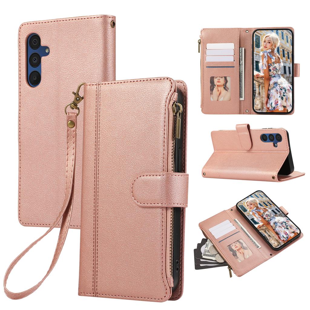 Für Samsung Galaxy A56 5G Hülle Multi-Kartenfächer Reißverschluss Leder Handyhülle mit Handschlaufe