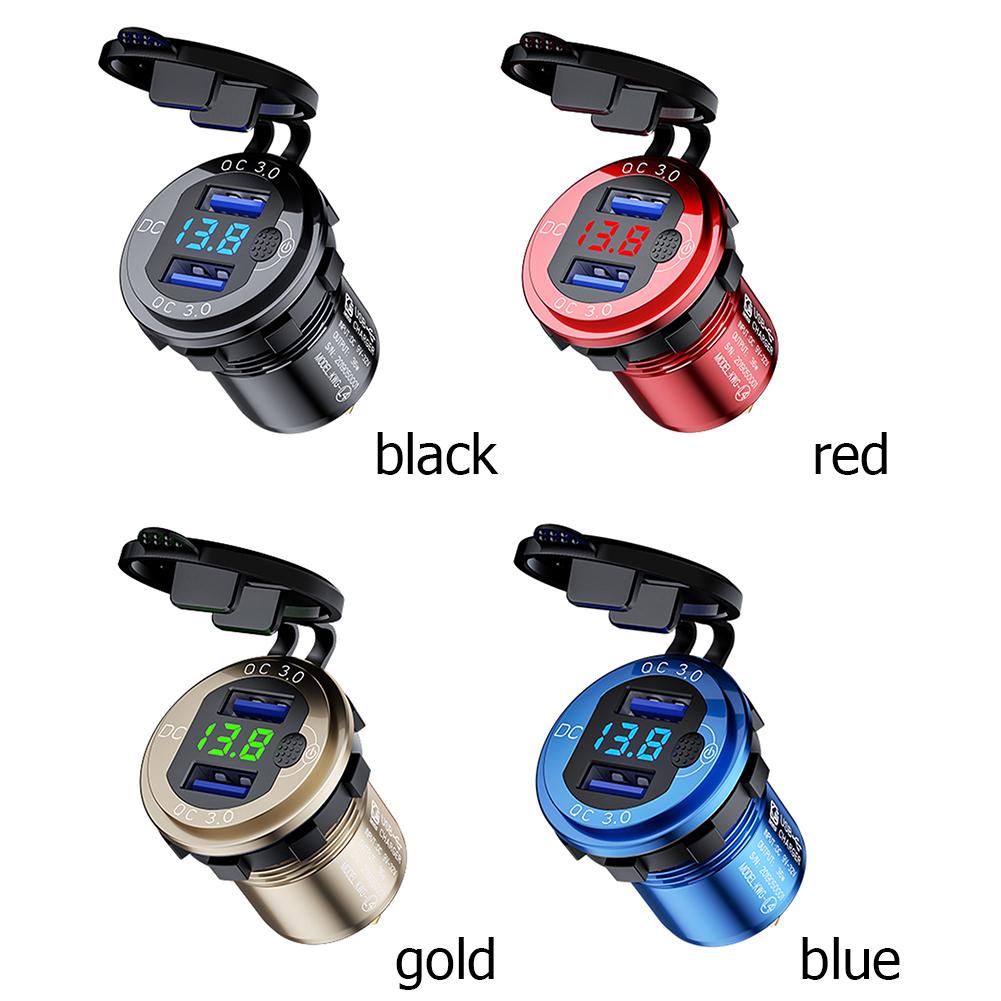 Power Outlet Dual USB LED Light Car Cigarette Lighter Dual USB Charger QC 3.0 Aluminum Alloy Power Plug Outlet Digital Voltmeter