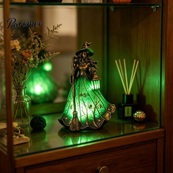 Desktop Night Light for Bedroom Halloween Witch Tabletop Lamp, Gothic with Broom & Lantern, Retro Style Desk Lamp USB Powered Spooky Ambient