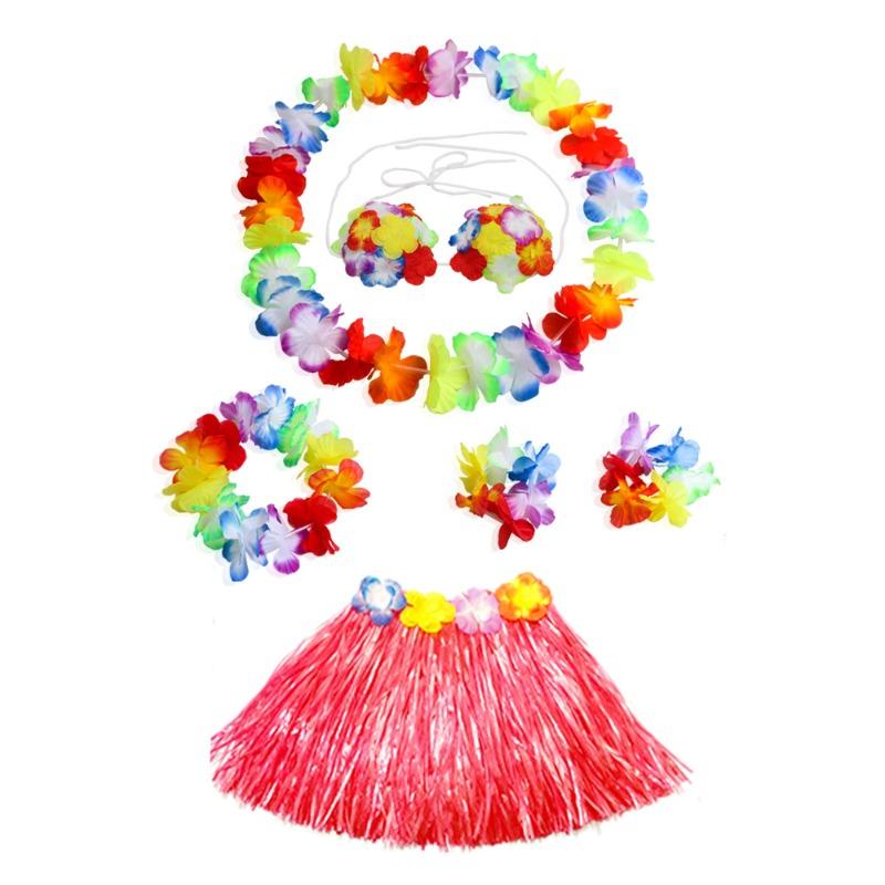Party Adult Kids Hawaiian Grass Skirt Garland 6 Piece Set Festival Stage Performance Costume Outfit Props