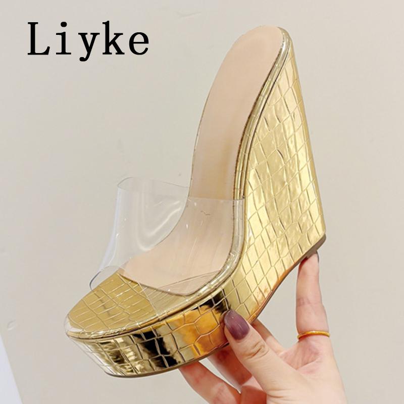 Fashion Liyke Women Sexy Super High Wedges Slippers Platform Sandals Fashion Open Toe Gold Heels PVC Transparent Shoes Zapatos Mujer