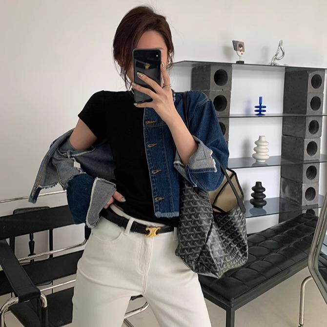 Damen Graues Slim-Fit Kurzarm Rundhals T-Shirt - Sommer 2025 Bauchbedeckendes Vielseitiges Oberteil