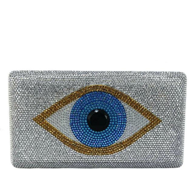 

Boutique De FGG Evil Eye Women Rhinestone Evening Handbag Brown Crystal Clutch Bag Prom Party Box Metal Clutch Purse, Mini Mini серебряный