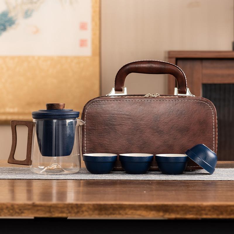Light Luxury Glass Travel Tea Set, One Pot of Four Cups, High-end Portable Bag, Ceramic Liner Filter, Business Gift Souvenir