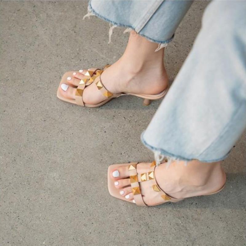 women's sandals summer  luxury Genuine Leather Slippers Rivets High Heels shoes Casual Ladies shoes platform heeled sandals