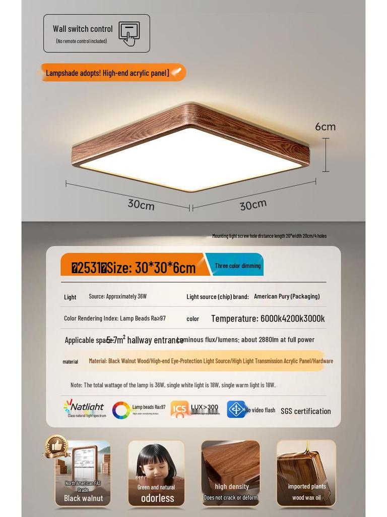 North American Black Walnut LED Ceiling Light - Full Spectrum Eye Protection, New Chinese Style, Square Design for Home Decor