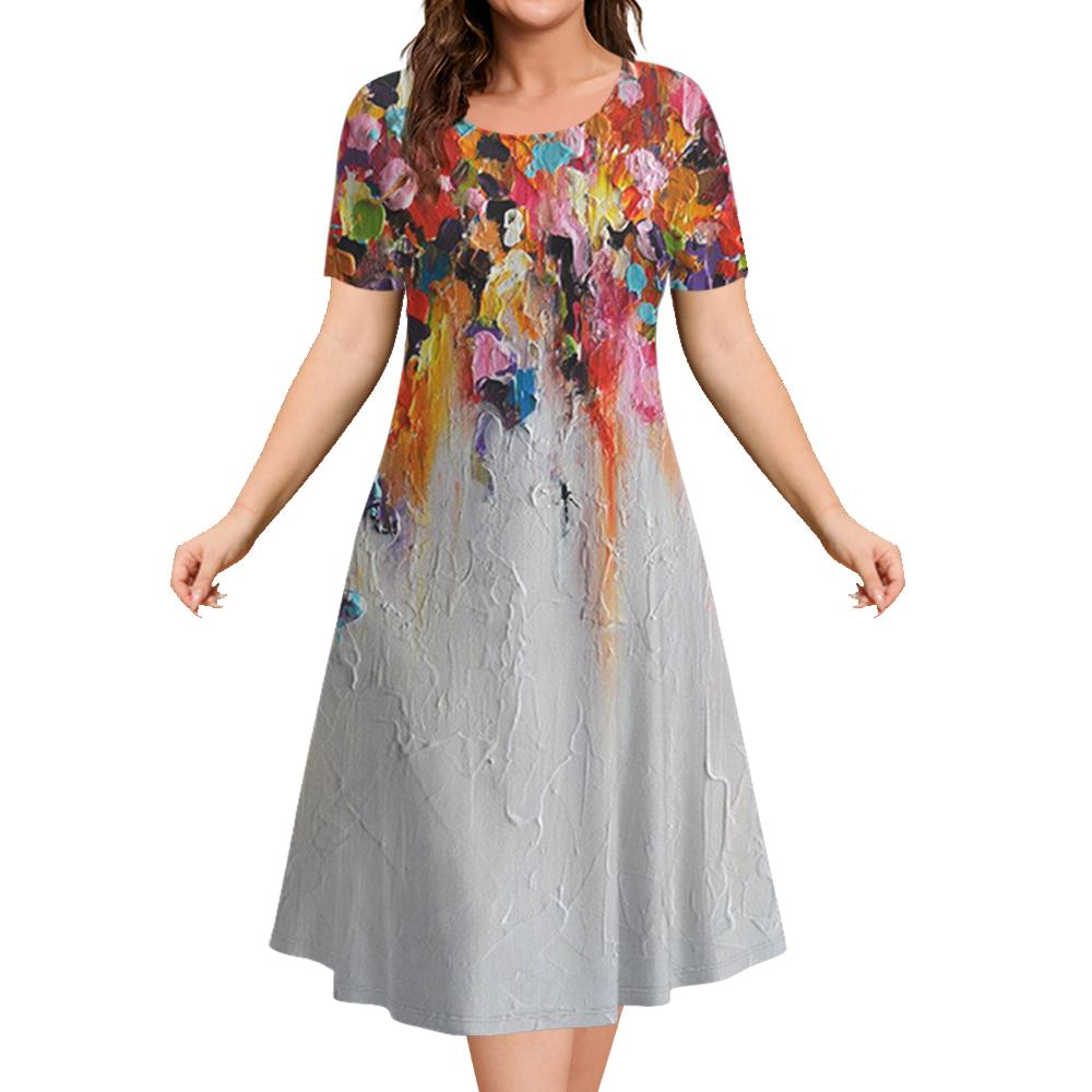 Women‘s Dresses 3d Flowers Pattern Short Sleeve Tops Casual Fashion A-Line Skirt Summer Lady Oversized Vacation Dresses