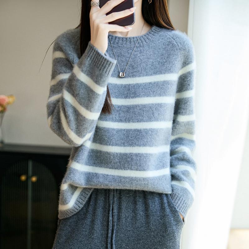 Women Sweater 100% Wool MODERN NEW SAGA O-neck Stripe Knit Pullover Thick Winter Jumpers Female Knit Tops