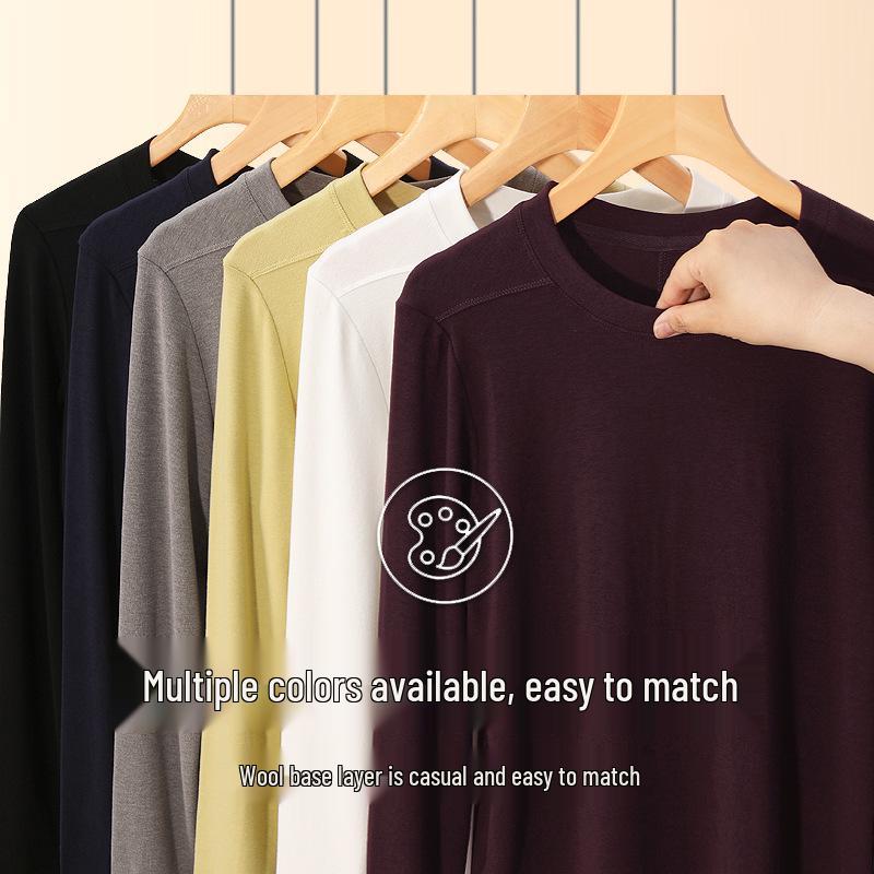 Women's Slimming Semi-High Neck Wool Base Layer T-Shirt - Long Sleeve, Spliced, Versatile Design for Autumn/Winter.