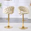 Cream White Velvet Bar Stools Set of 2 – Ball-Chain Backrest, Gold-Plated Adjustable Frame, Stylish for Kitchen Island, Home Bar & Dining Area