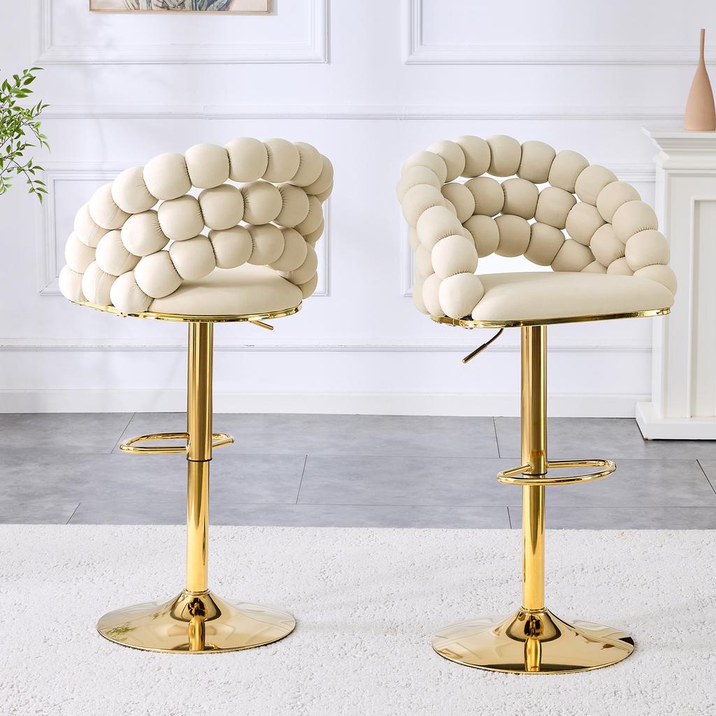 Cream White Velvet Bar Stools Set of 2 – Ball-Chain Backrest, Gold-Plated Adjustable Frame, Stylish for Kitchen Island, Home Bar & Dining Area