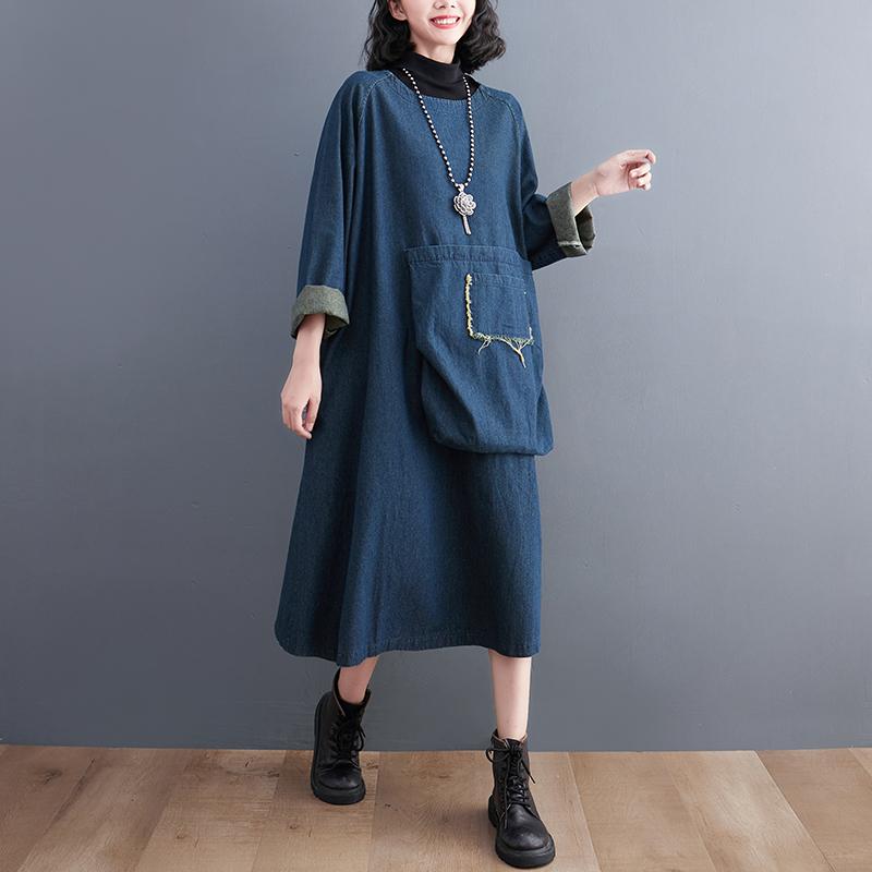 Dimanaf 2023 Women Plus Size Summer Dress Solid Fashion Casual Denim Basic Long Dress Cotton Vintage Loose Blue Clothing