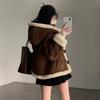 Korea Chic Winter Retro Loose Coat Women Y2k Horn Buckle Fur Brown Lamb Wool Jackets 2000s Long Sleeve Hooded Outerwear Clothes