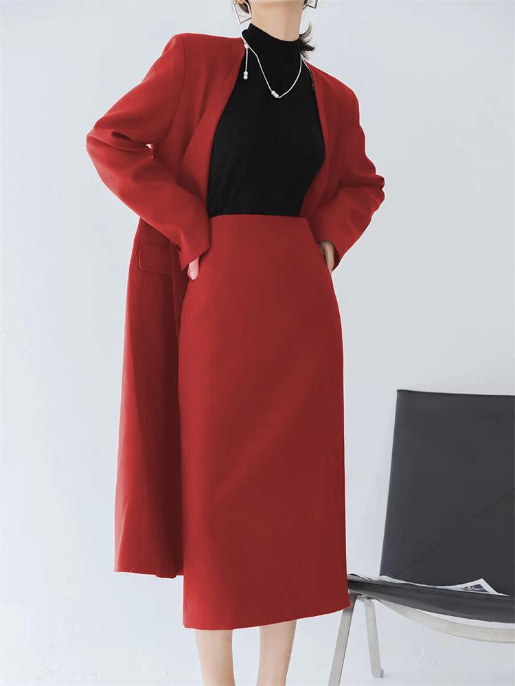 Women's Mid-Length Coffee-Colored A-Line High-Waisted Slit Skirt