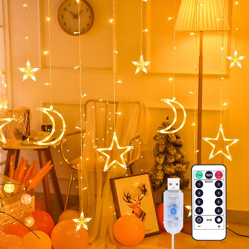 LED Star and Moon Curtain Light for Home Bedrooms, USB Powered, with Remote Control (Warm White, 3.5m USB Remote