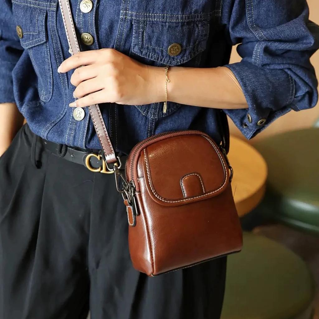 Simple Design Oil Waxing Split Leather Women Phone Bag New Retro Style Single Shoulder Mini Crossbody Bag Fashionable Small Bags