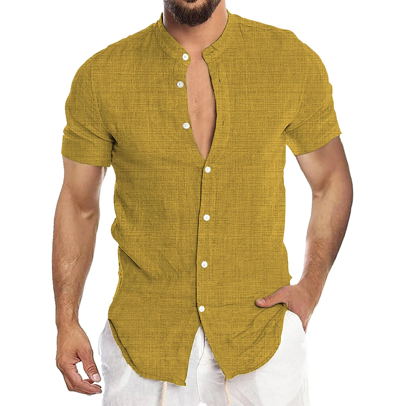 

Мужская повседневная деловая однотонная рубашка с коротким рукавом, мужская рубашка на пуговицах с воротником-стойкой M жёлтый