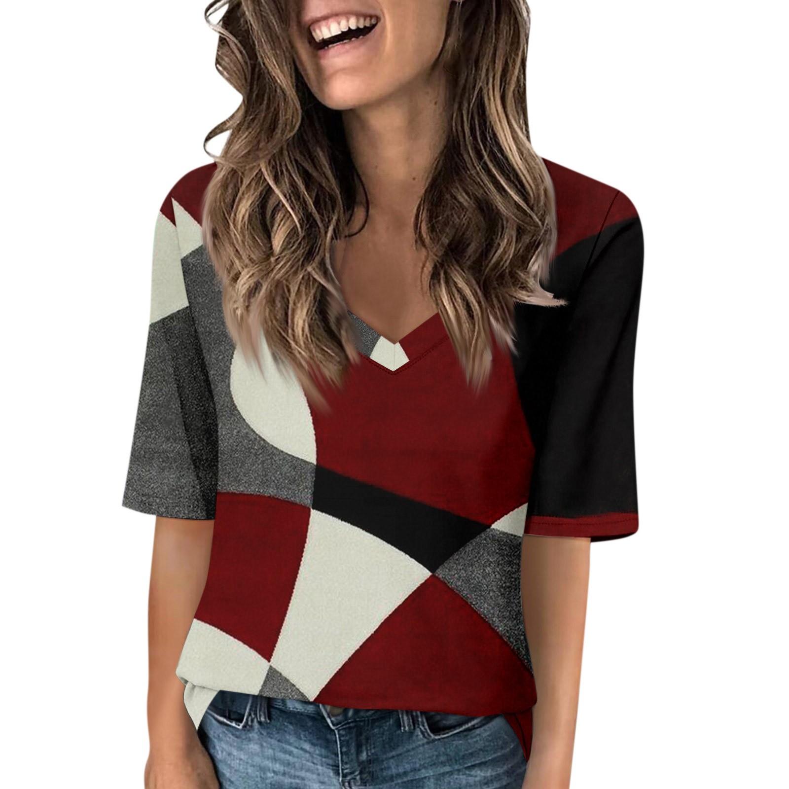 

Жіночі футболки з V-подібним вирізом, топи з принтом, повсякденні літні футболки, футболки, блузки XXL червоний