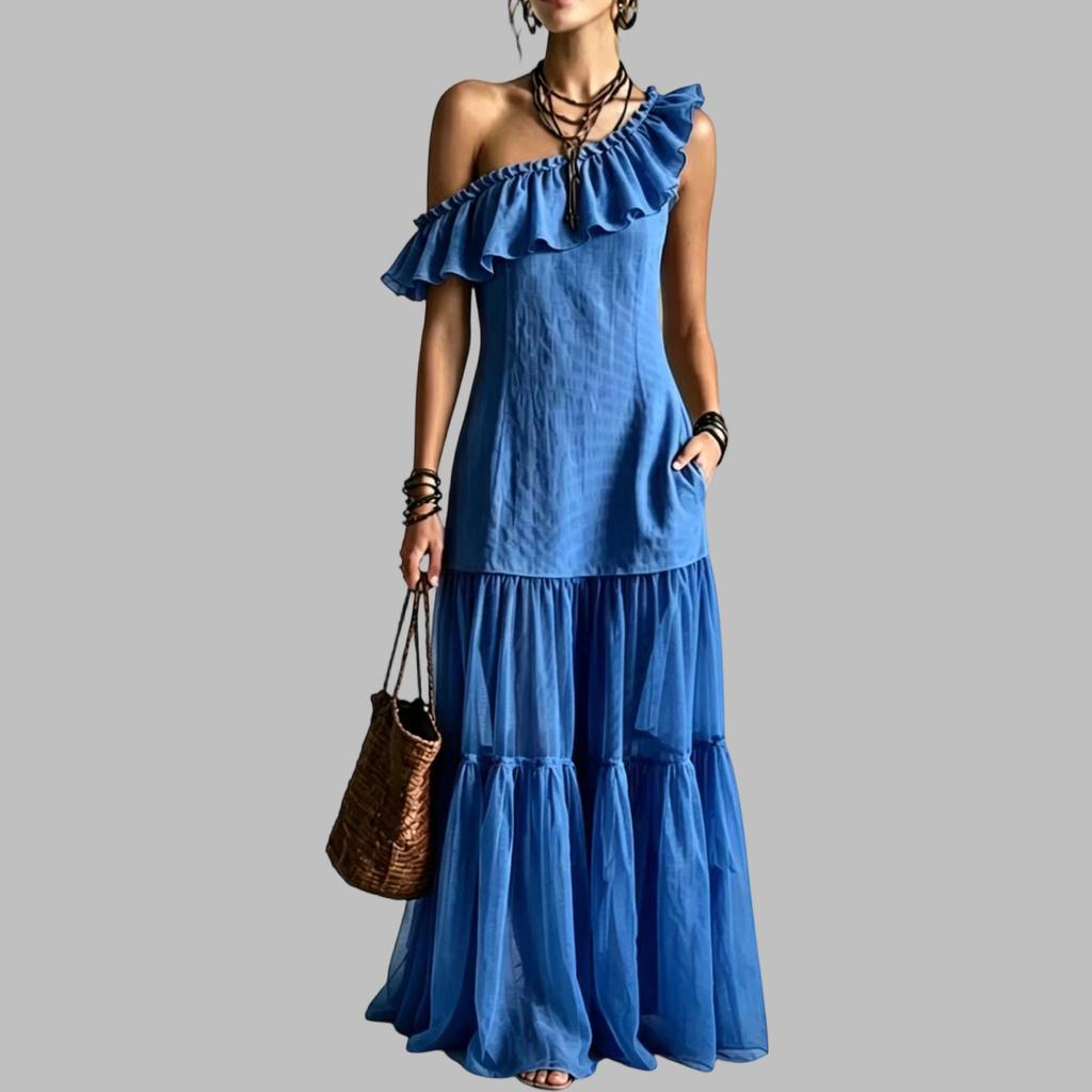 Women Sleeveless One Shoulder Dress Ruffle Trim Maxi Length Layered Hem Summer Casual Dress