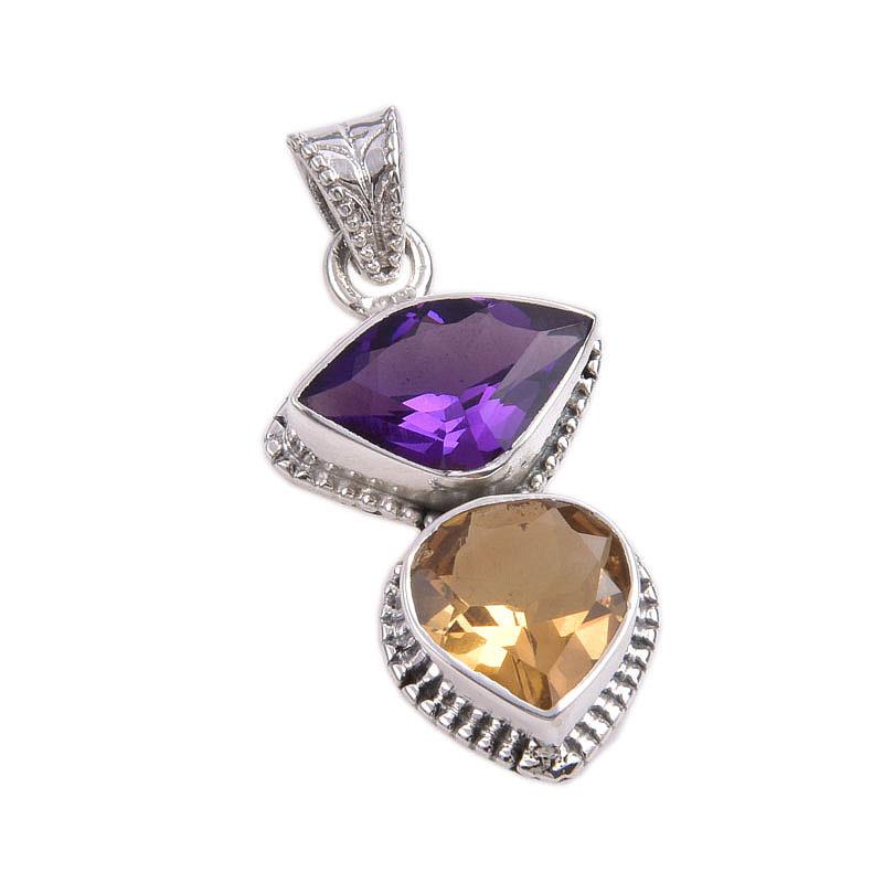 Natürlicher Citrin, Amethyst Edelstein Handgefertigt 925 Massivsilber Anhänger 1,50'' T7E02