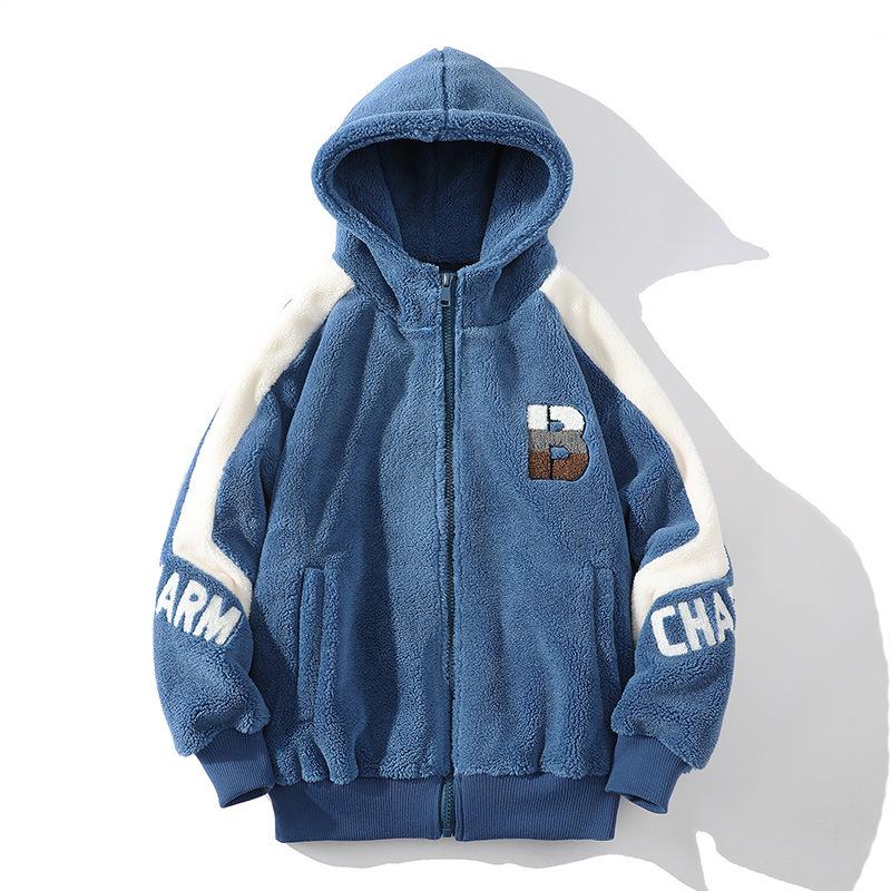 

Зимняя подростковая одежда из овечьей шерсти и хлопка для мальчиков, утолщенный бархат, свободный тренд, контрастный цвет, воротник-стойка, хлопковая подкладка XXXL синий