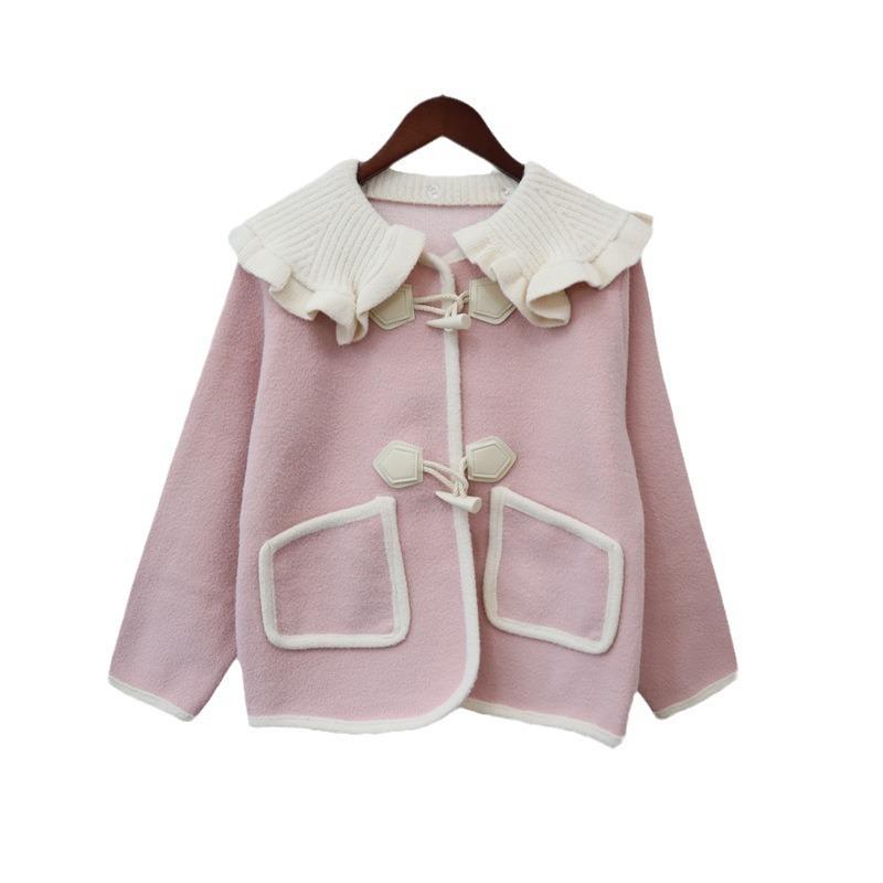 Removable collar horn buckle sweater jacket women's 2025 autumn and winter new sweet doll collar knitted double-sided woolen cardigan