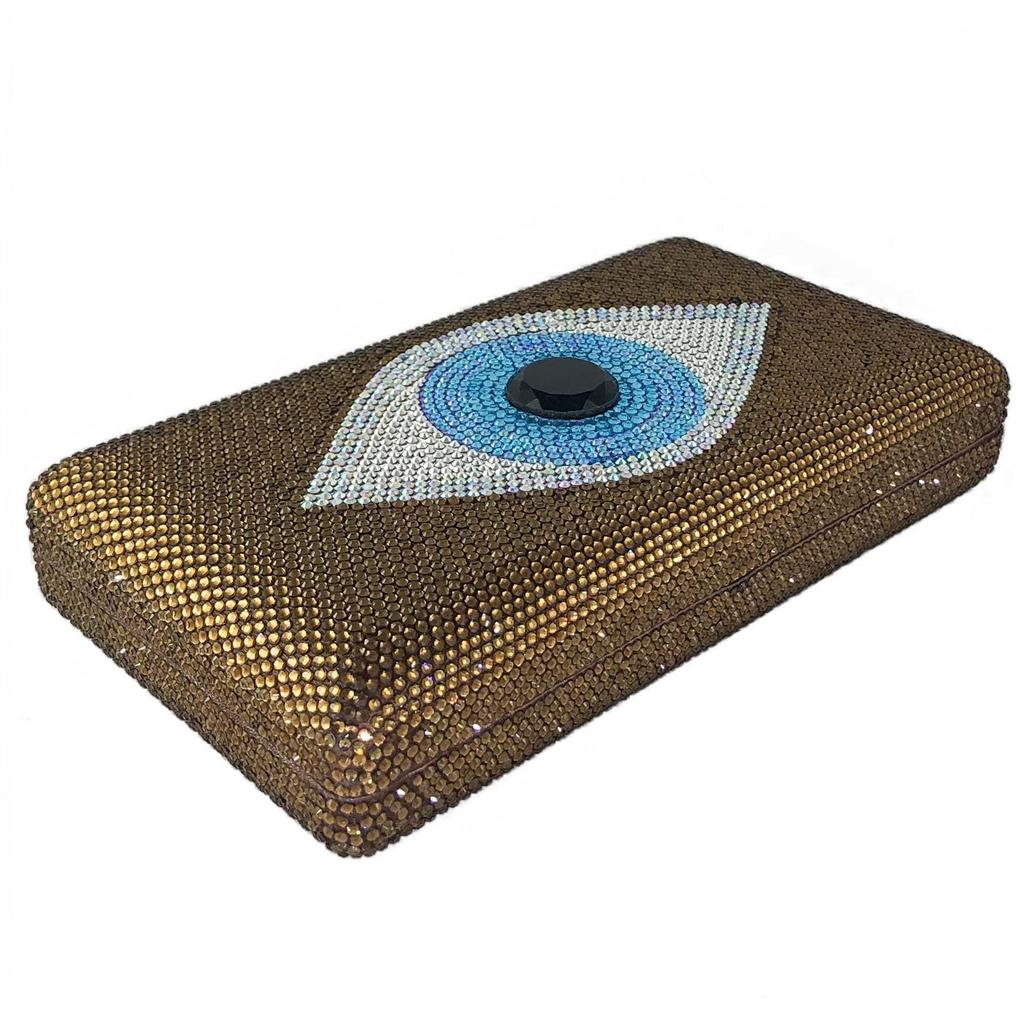 Boutique De FGG Evil Eye Women Rhinestone Evening Handbag Brown Crystal Clutch Bag Prom Party Box Metal Clutch Purse, Mini