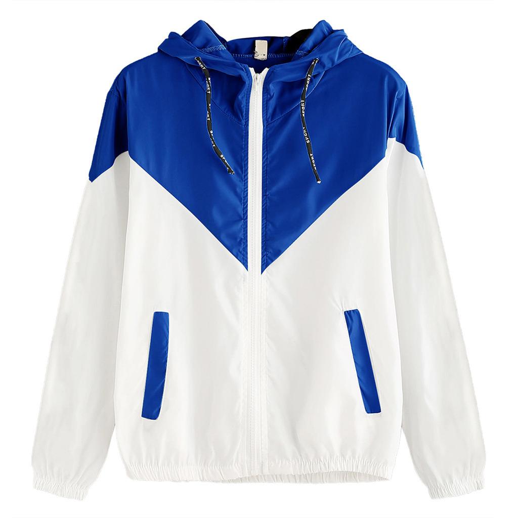 Frauen Langarm Patchwork Dünne Skinsuits Mit Kapuze Zipper Taschen Mantel Top