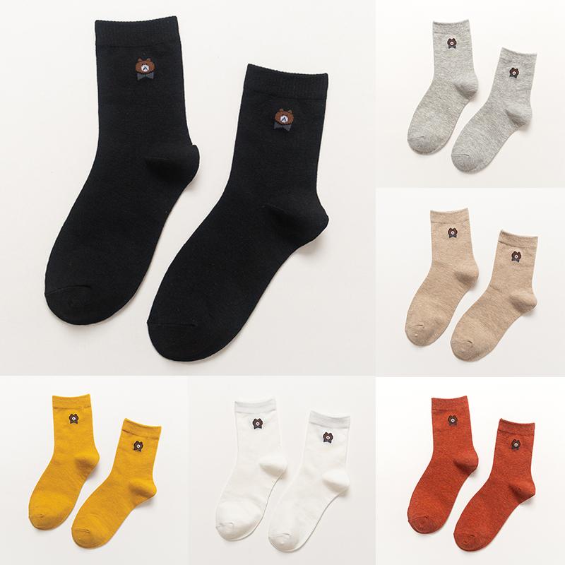 

1 пара дышащих носков для женщин, однотонные женские хлопковые чулки с вышивкой в ​​японском стиле, милые носки с рисунком медведя