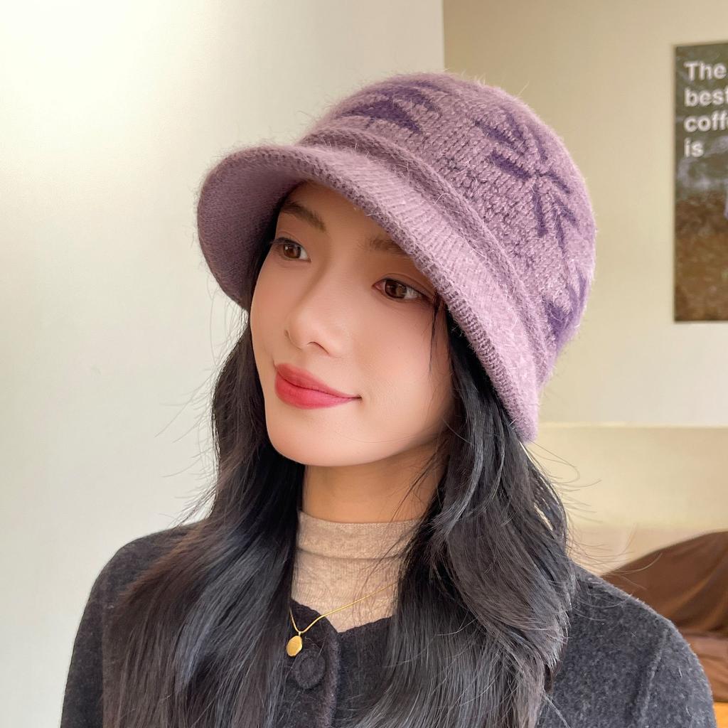 Elderly Women's Hat Autumn Winter Bucket Hat, Plush Lining Warm Thickened Knitted Cotton Beanie