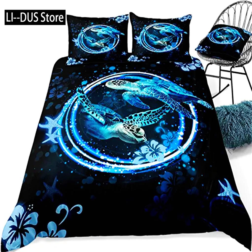 Sea Turtle Duvet Cover Green Blue Ocean Bedding Set Colorful Underwater World For Kids Child Women Nautical Sea Animal Reptile