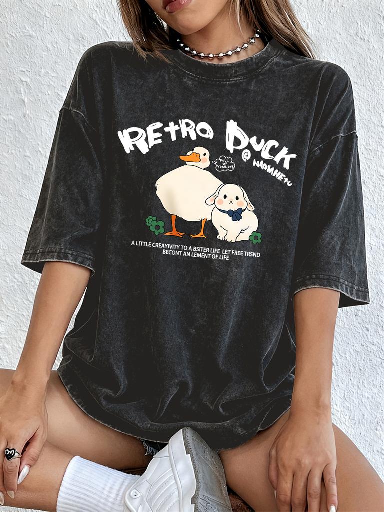 Retro Duck Rabbit Cotton Washed TShirts Womens Summer Oversized Tops Distressed ONeck Comfortable Tees Basic Womans Clothes