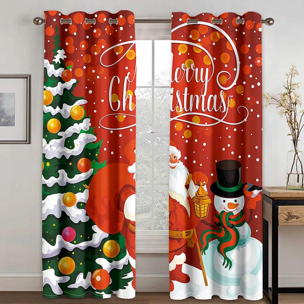 2PCS Digital Printing Christmas Curtain Snowman Xmas Tree Small Window Curtain Bedroom Polyester Curtain For Living Room