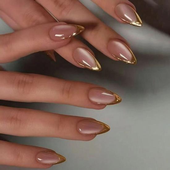 24Pcs pink cat eye French nail patches, medium almond shape, decorated with golden lines, simple style, smooth surface, full cov