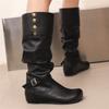 Women'S White Pu Leather Knee High Boots Pleated Tall Design Internal Height Buckle Long Footwear For Autumn Winter Size 34-50