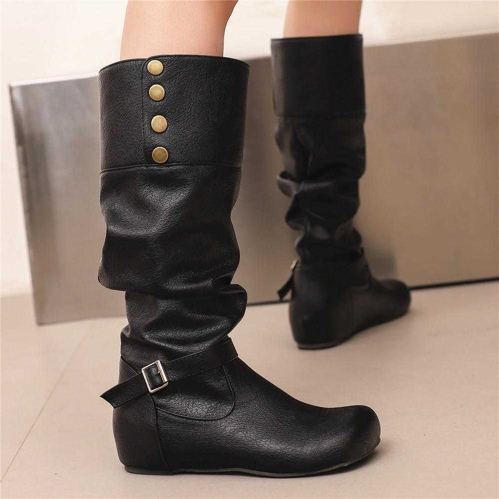 Women'S White Pu Leather Knee High Boots Pleated Tall Design Internal Height Buckle Long Footwear For Autumn Winter Size 34-50