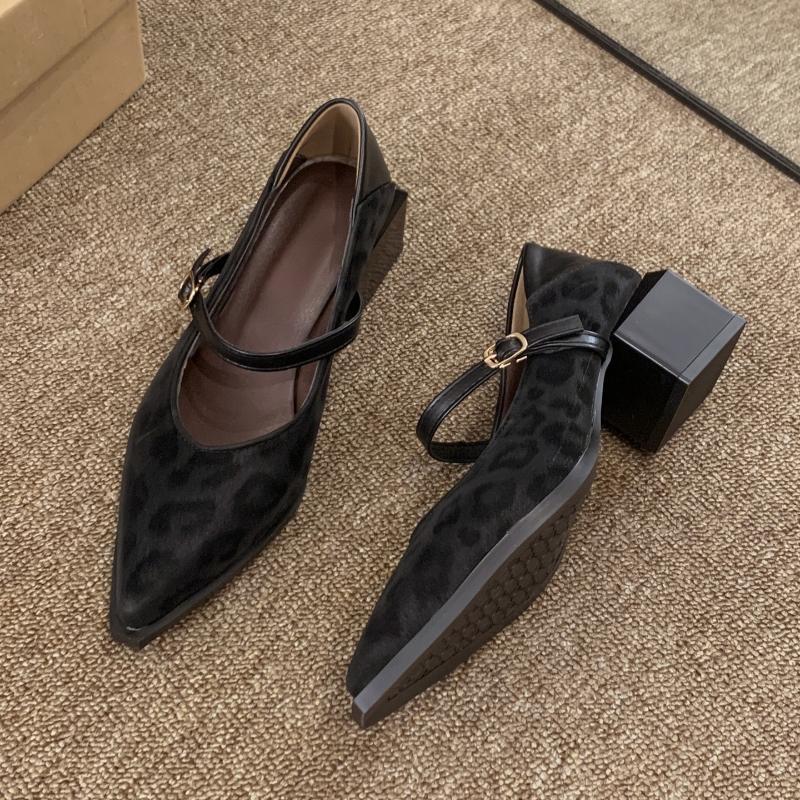 Spring New Pointed Toe Women Mary Jane Shoes Concise Shallow Buckle Shoes Ladies Elegant Leopard Thick Heel Dress Shoes