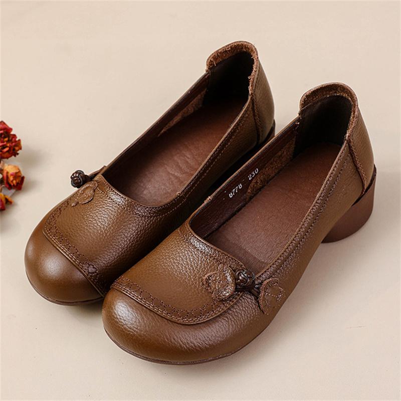 Genuine Leather Women's Shoes Low Heeled Retro Cowhide Single Shoes Women Shallow Mouth Loafers Ladies Casual Comfortable Shoes