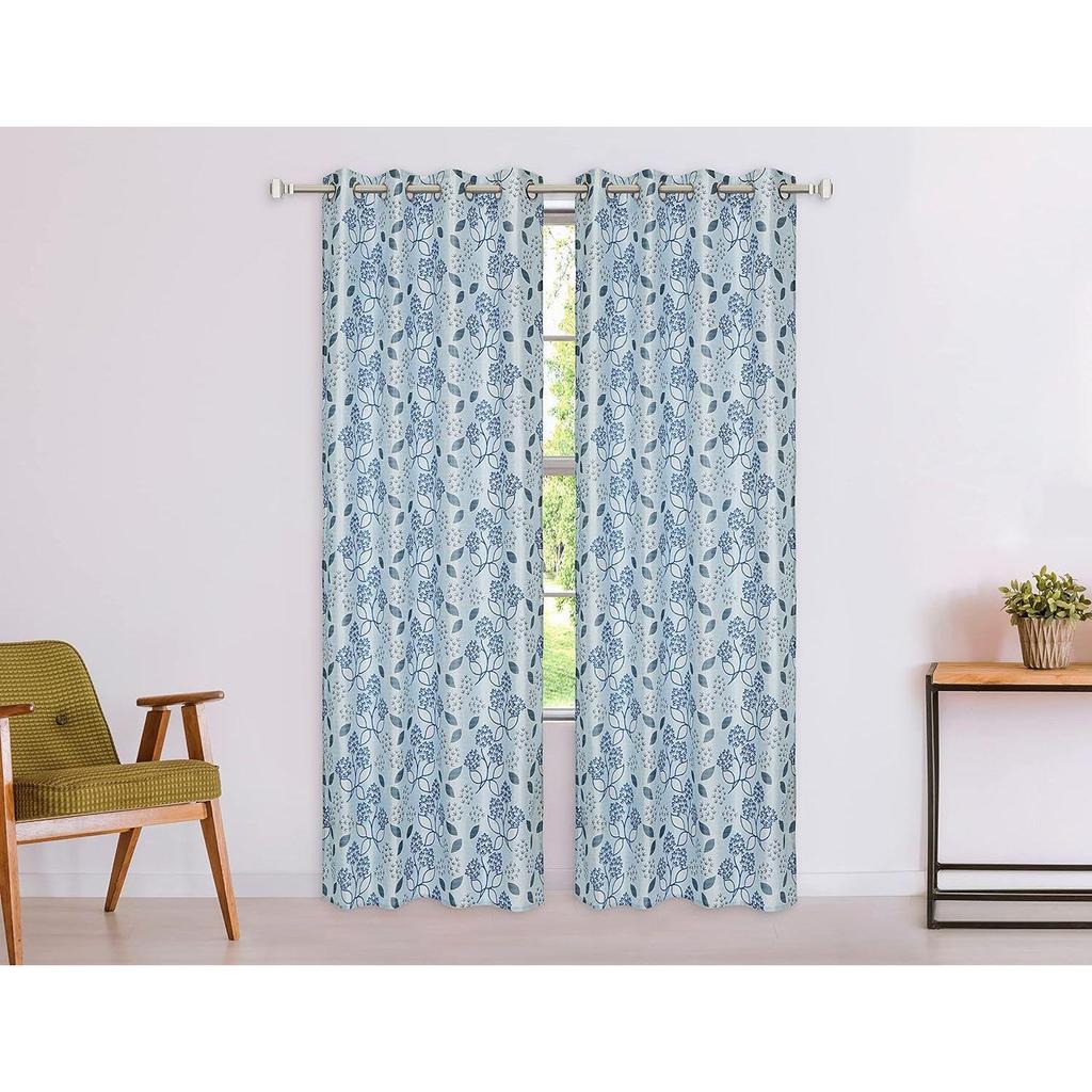 Pack of 2  Polyester Floral Print Window Curtain Regular Print 135 GSM , White & Blue