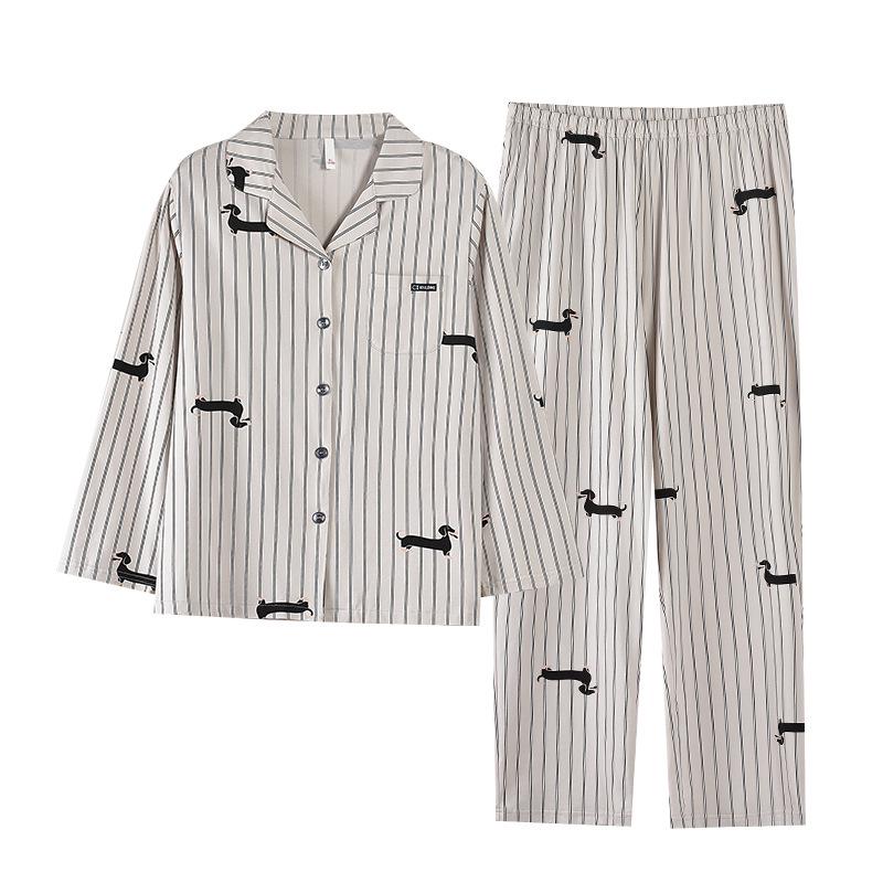 Women's Ribbed Cotton Couple Pajamas Set - Long Sleeve & Pants, Autumn Cartoon Striped Homewear, Wearable Outdoors