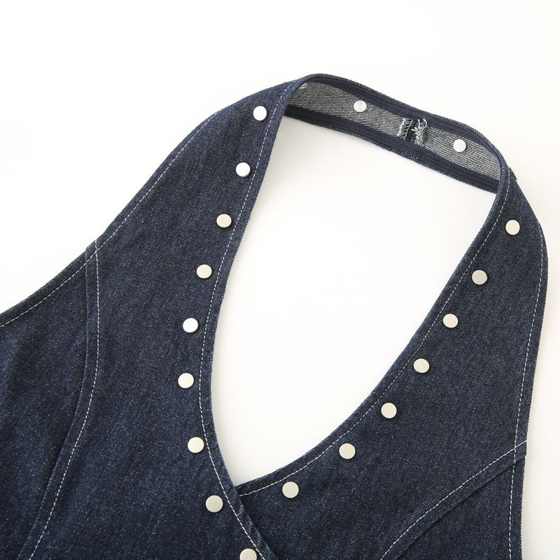 Kaslead New Women Clothes Western Style Fashion Simple Rivet Decoration Backless Denim Hanging Neck Top