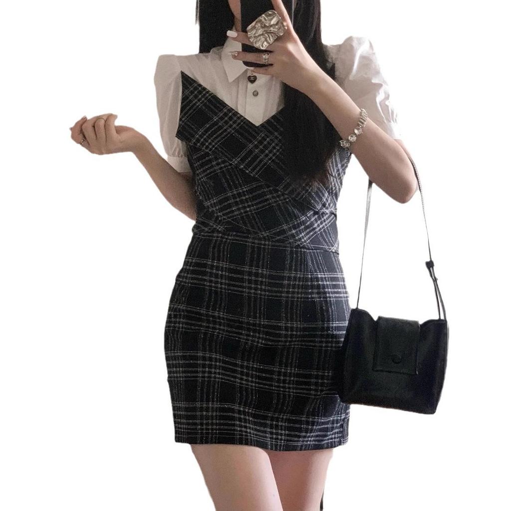 Sweet Spice Girl Fake Two-piece Shirt Splicing Skirt Summer College Style Plaid Design Sense Waist Bubble Sleeve A-Word Short Skirt