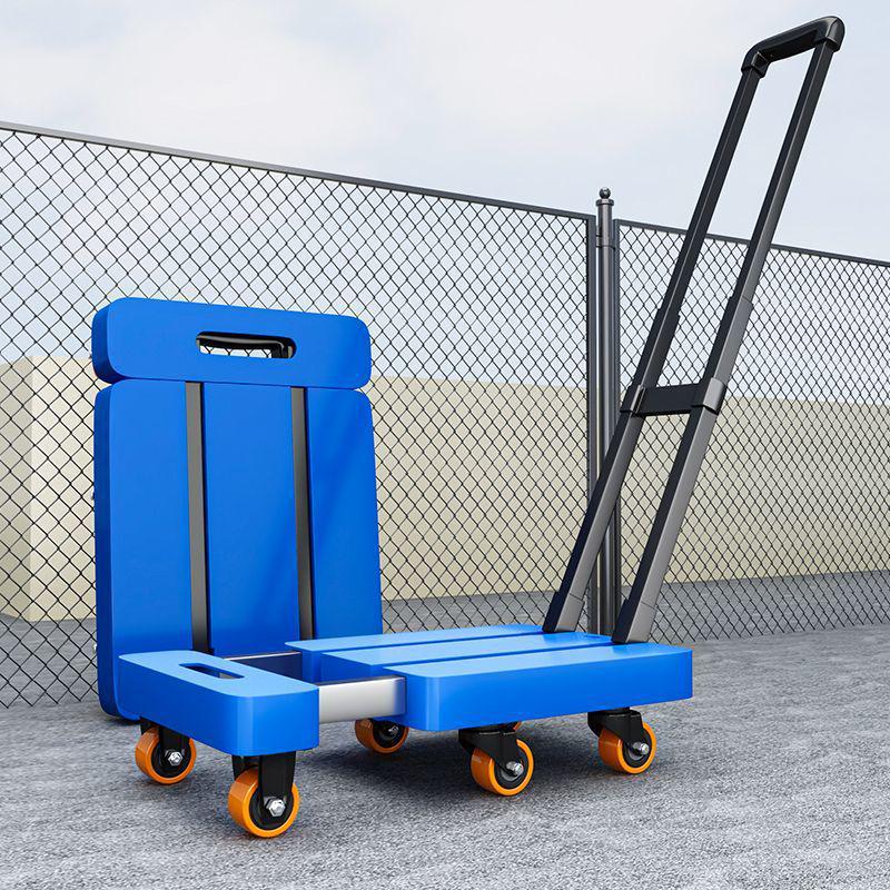 Foldable Retractable Pushcart: Portable Flatbed Cart with Drawbar for Hauling and Moving Goods.
