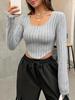 2024 European-American Style U-Neck Ribbed Knit Long-Sleeve Women's T-Shirt