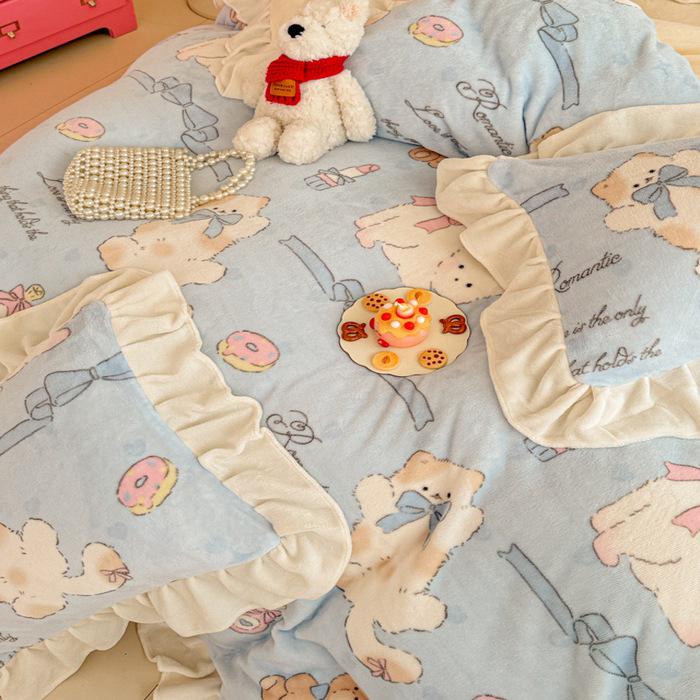 Floral Cartoon Milk Velvet and Lambswool Blanket Set - Thickened, Multifunctional Sofa Cover.