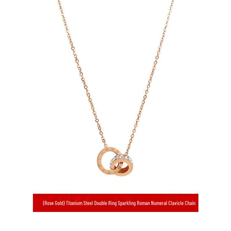 Trendy Japanese-Korean Roman Numeral Diamond Double Ring Necklace Women's Elegant Luxury Clavicle Chain Trio Set