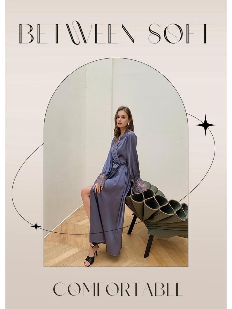 Yaoting Damen Satin Chiffon Nachthemd: Sommer Spitzen-Patchwork, Französisch Elegant, Sexy Rückenfreier Langer Morgenmantel.