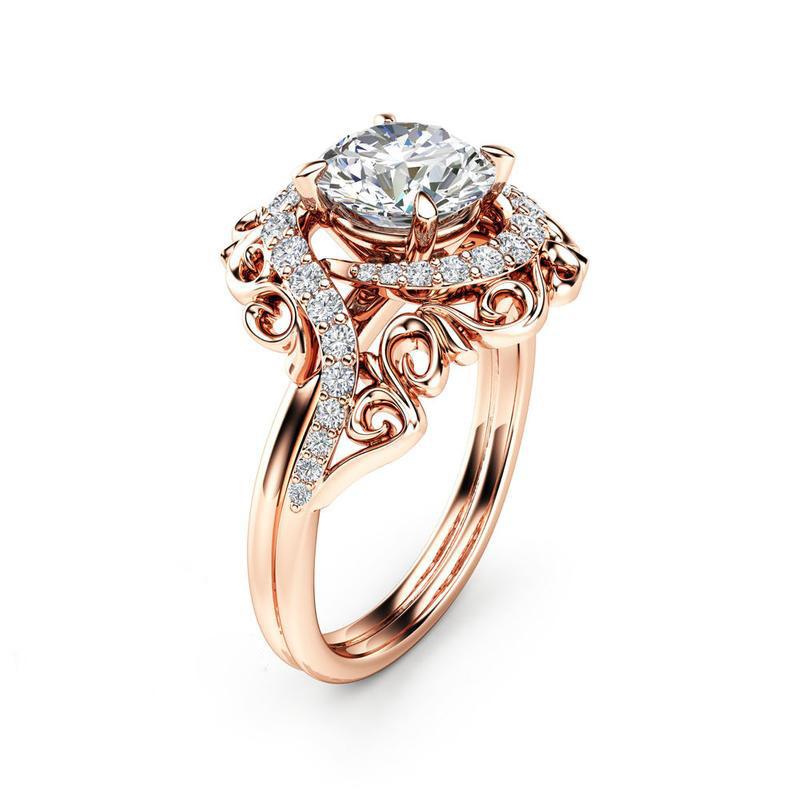 Wind, Creative Ladies Plant Wrap Ring, Luxury Copper Plated Rose Gold Zircon Jewelry